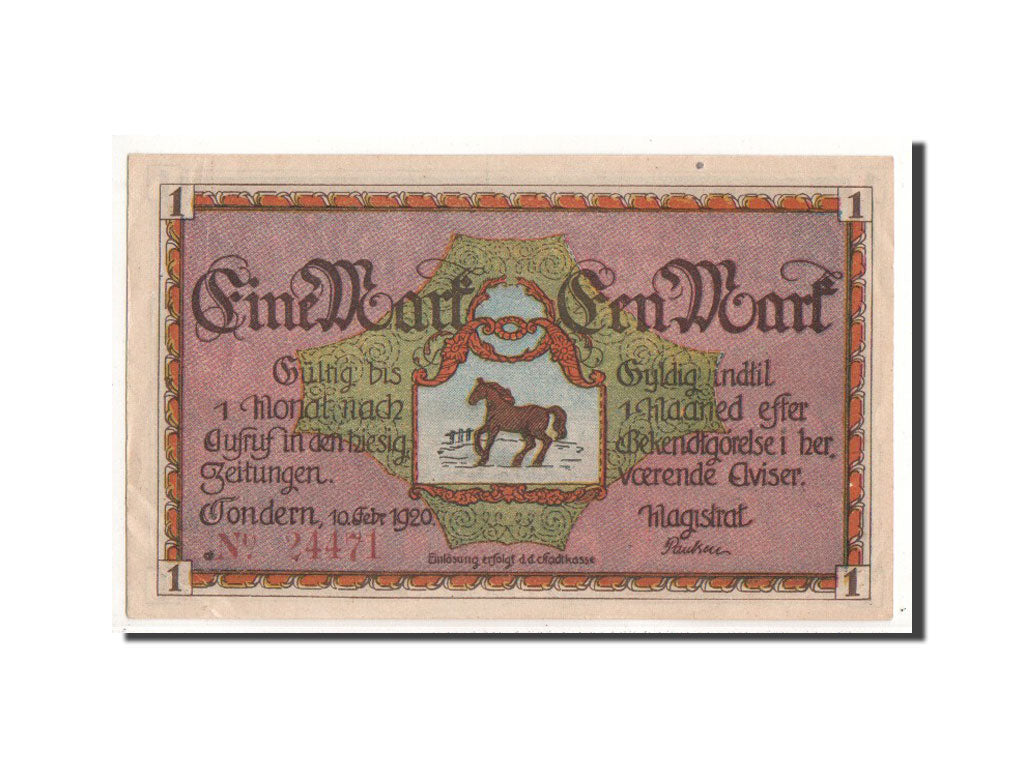 Banknote, Germany, Tondern, 1 Mark, agriculteur, 1920, 1920-02-10, UNC(65-70)