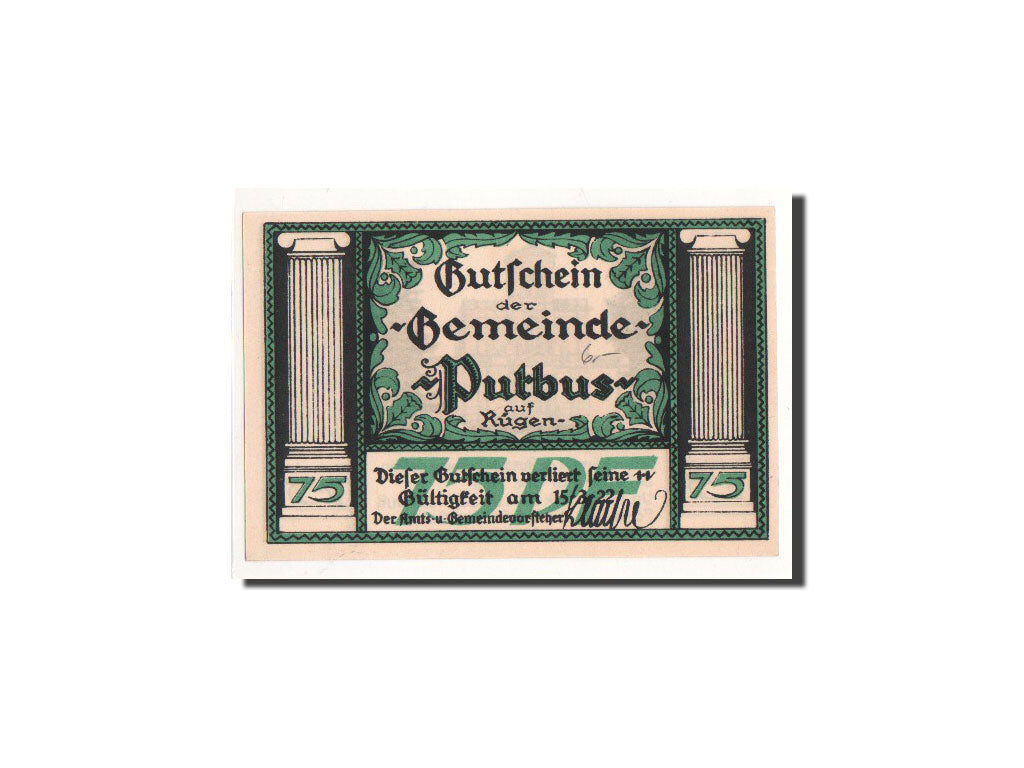 Geldschein, Deutschland, Putbus auf Rügen, 75 Pfennig, Monument, O.D, Undated