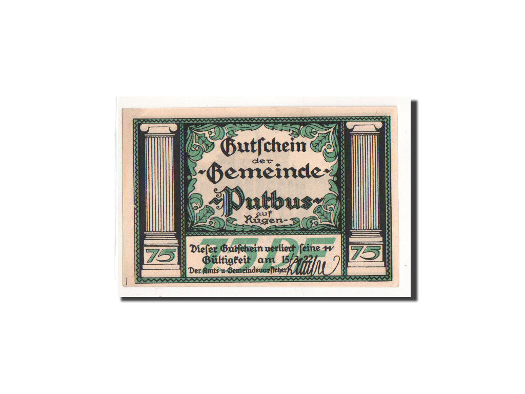 Geldschein, Deutschland, Putbus auf Rügen, 75 Pfennig, monument 2, O.D