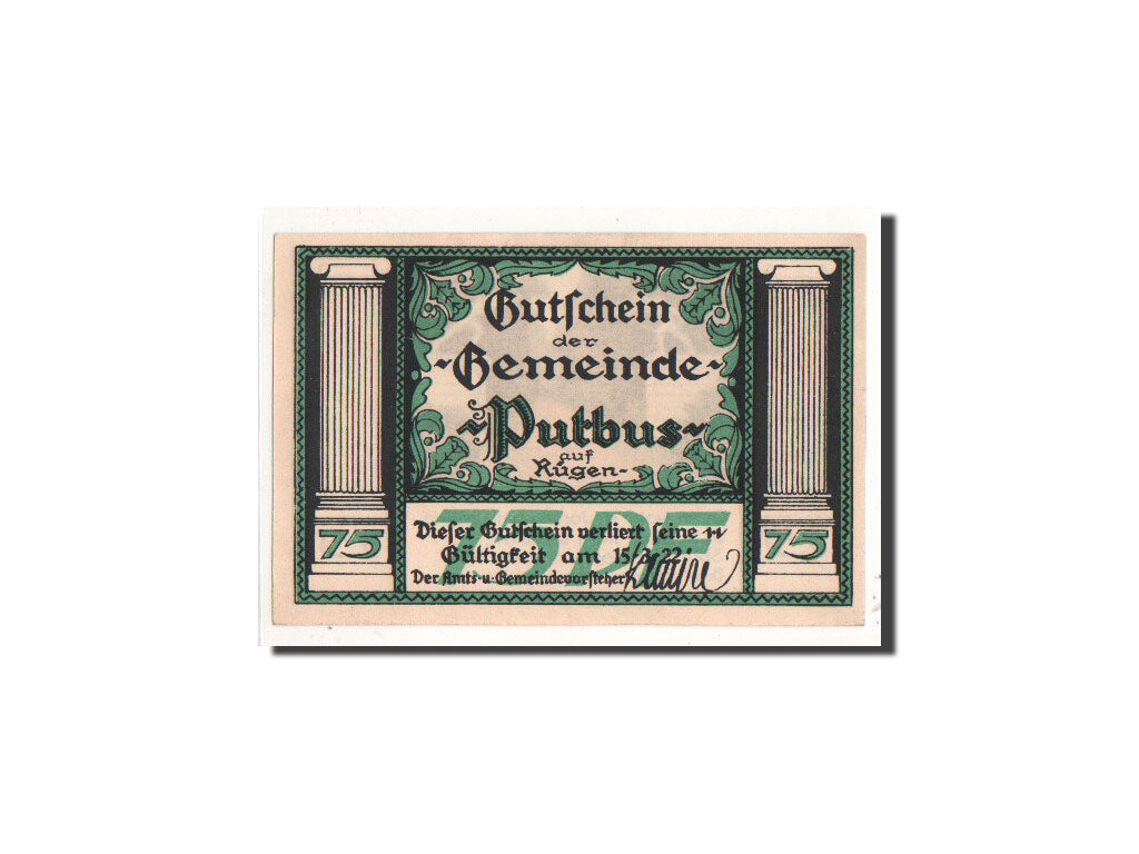 Geldschein, Deutschland, Putbus auf Rügen, 75 Pfennig, statue, O.D, Undated