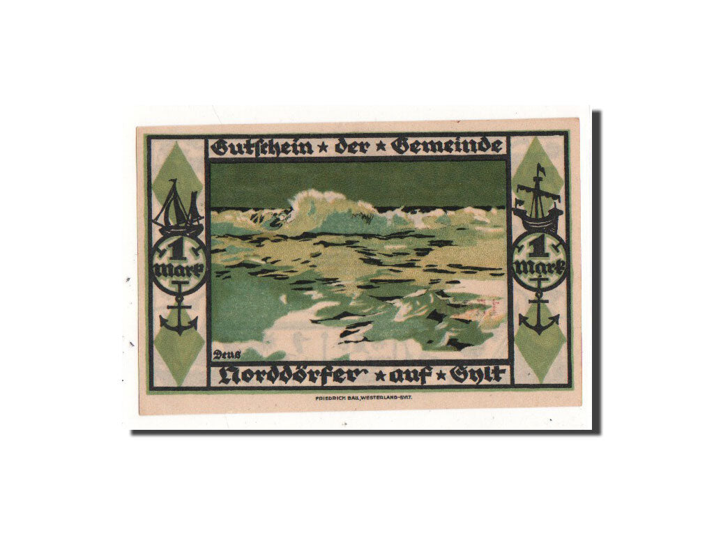 Banconote, Germania, Wenningstedt, 1 Mark, océan, 1921, 1921-08-15, FDS