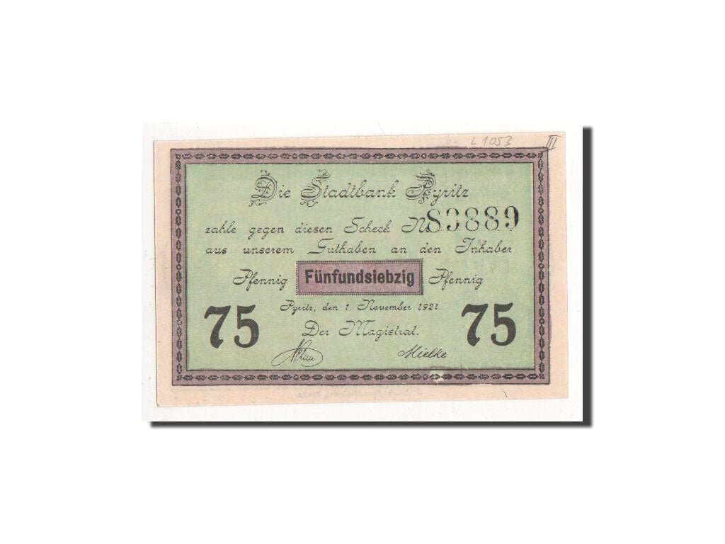 Banknote, Germany, Pyritz, 75 Pfennig, portrait, 1921, 1921-11-01, UNC(65-70)