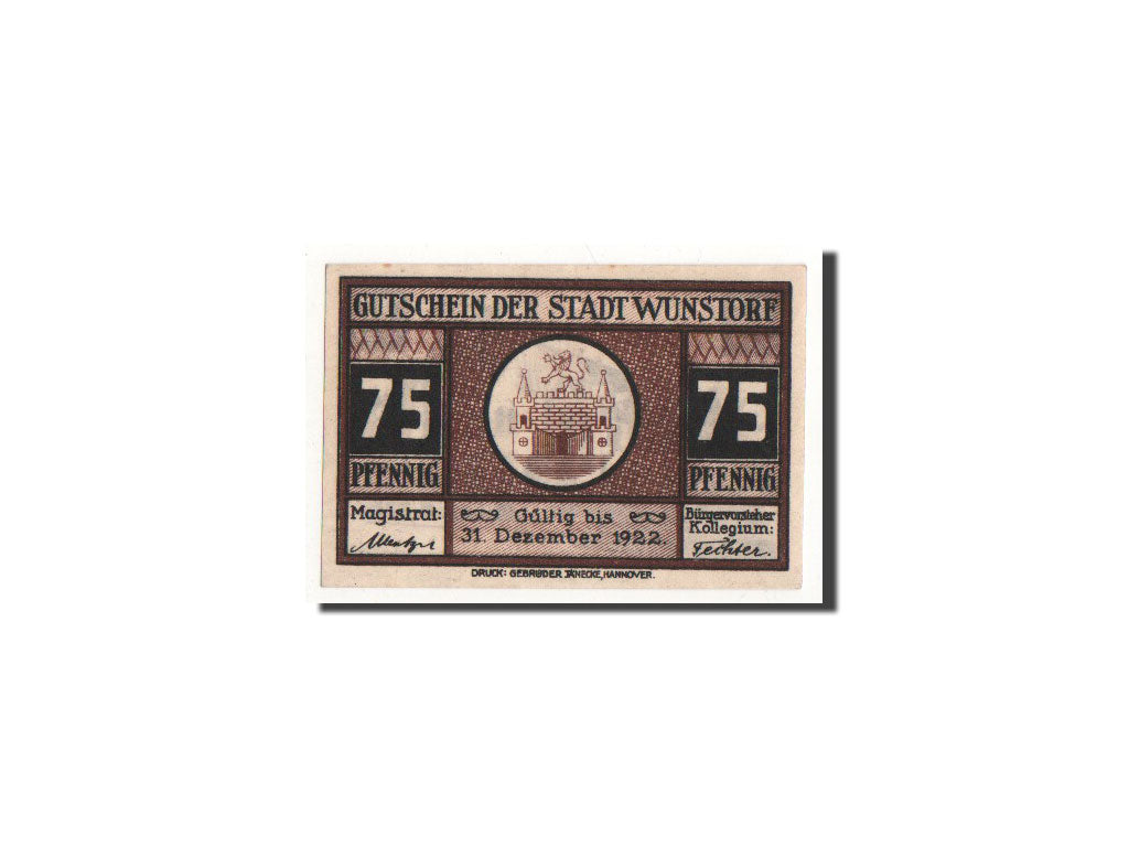 Billet, Allemagne, Wunstorf, 75 Pfennig, centre ville, O.D, Undated, NEUF