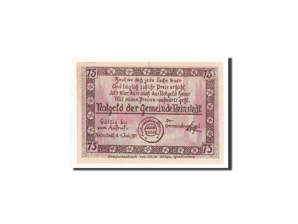 Geldschein, Deutschland, Neinstedt a Harz, 75 Pfennig, paysage, 1921