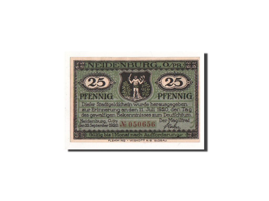 Banconote, Germania, Neidenburg, 25 Pfennig, paysage, 1920, 1920-09-22, FDS