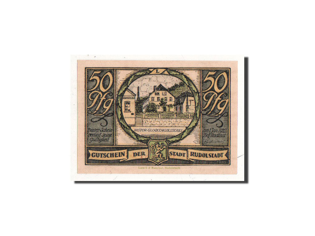 Banconote, Germania, Rudolstadt, 50 Pfennig, maison en flamme, O.D, Undated