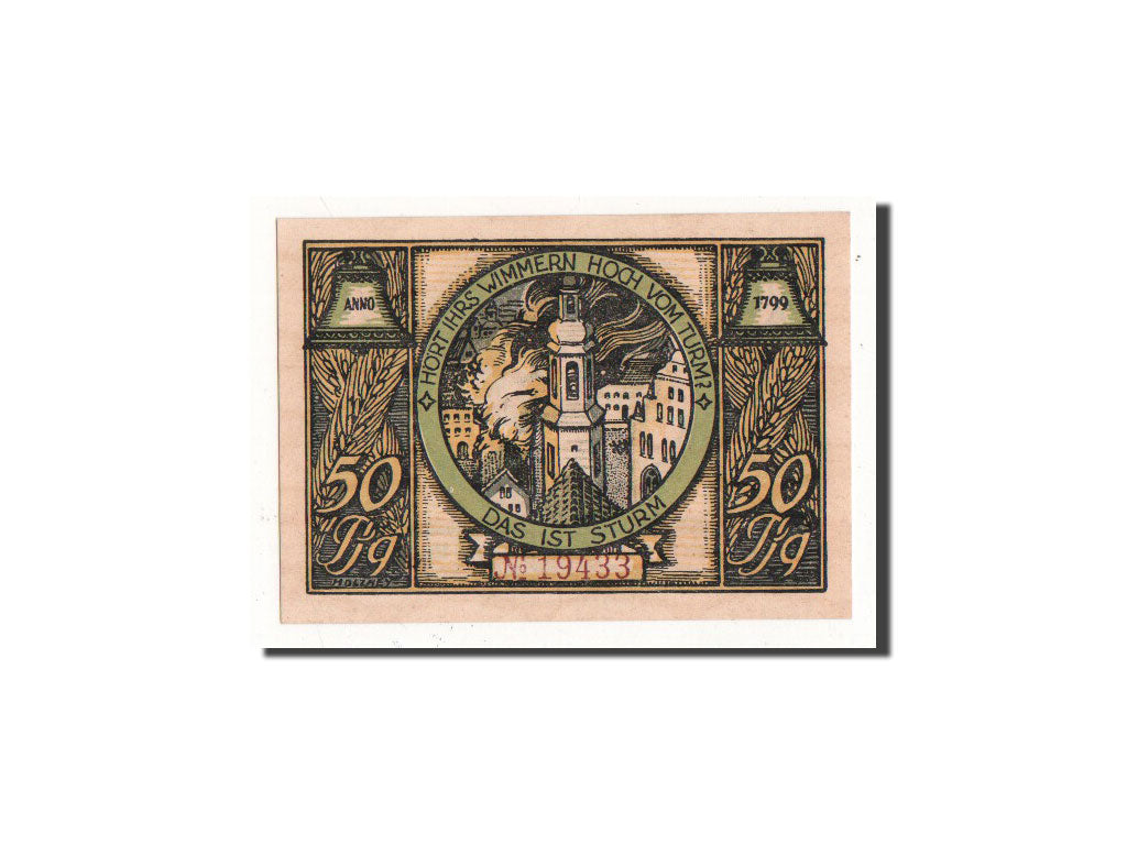 Banconote, Germania, Rudolstadt, 50 Pfennig, maison en flamme, O.D, Undated