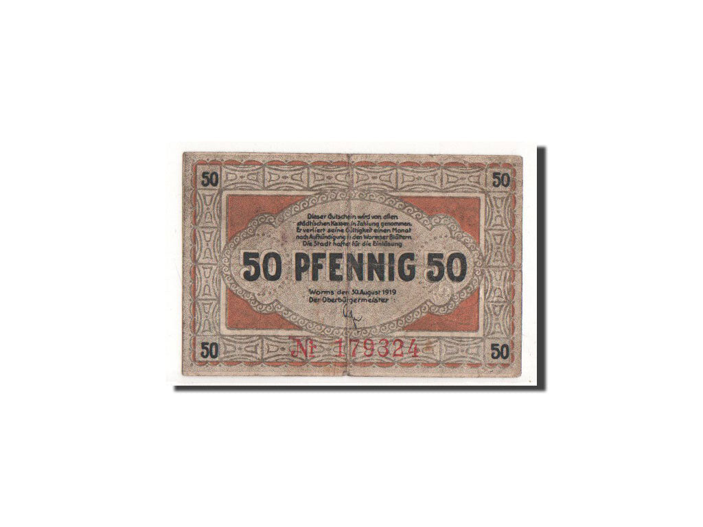 Banknote, Germany, Worms, 50 Pfennig, cathédrale, 1919, 1919-08-30, VF(30-35)