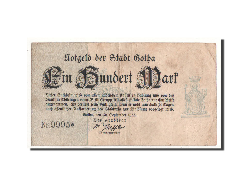Banknot, Niemcy, Gotha Stadt, 100 Mark, personnage, 1922, 1922-09-30, VF(30-35)