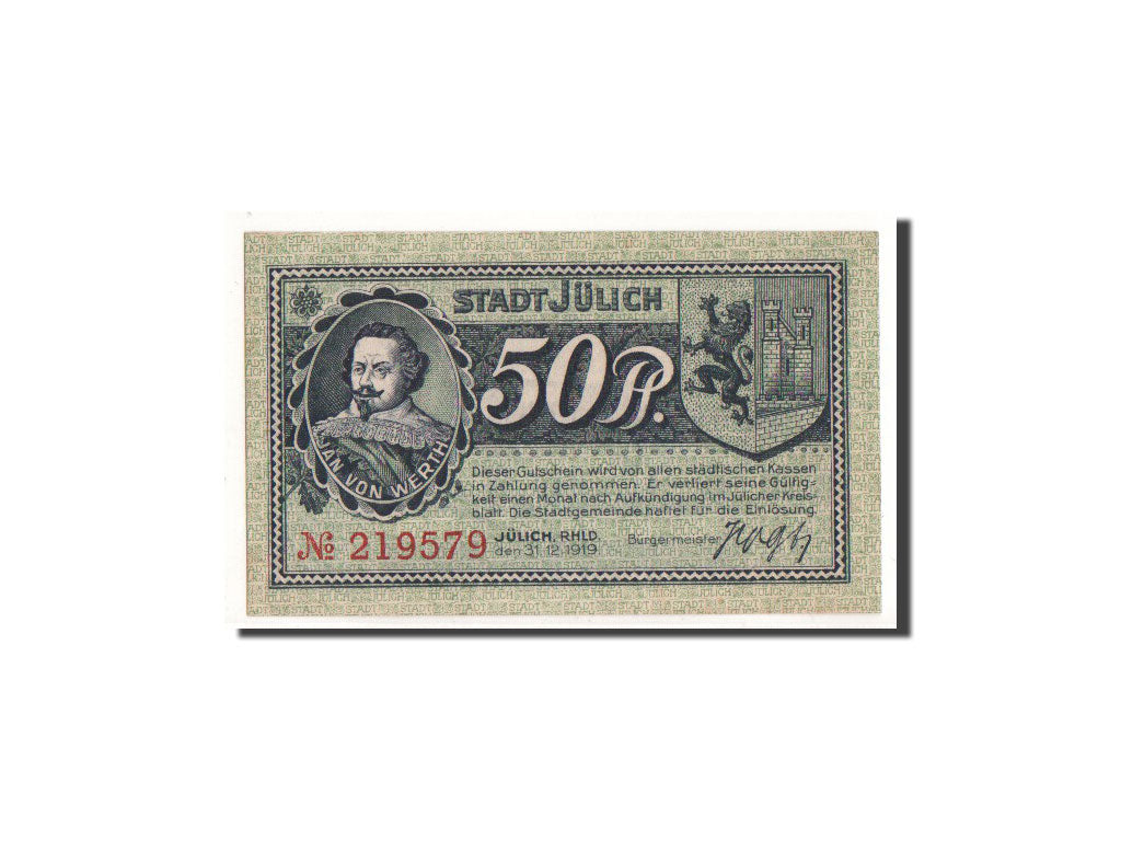 Banknot, Niemcy, Jülich, 50 Pfennig, paysage, 1919, 1919-12-31, AU(55-58)