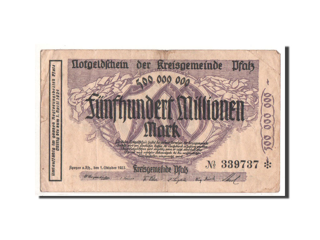 Billet, Allemagne, Speyer, 500 Millionen Mark, corne d'abondance, 1923