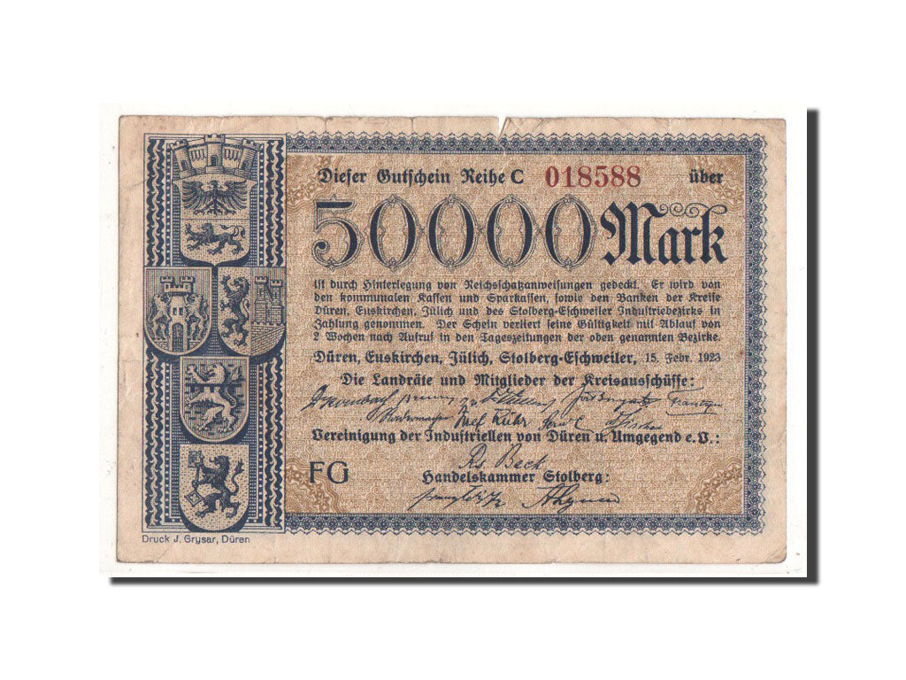 Geldschein, Deutschland, Duren Stadt, 50 000 Mark, Ecusson, 1923, 1923-02-15