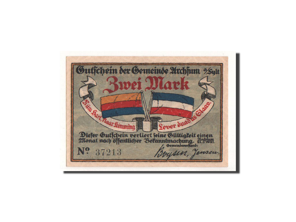 Banconote, Germania, Archsum, 2 Mark, drapeau, 1921, 1921-03-21, FDS