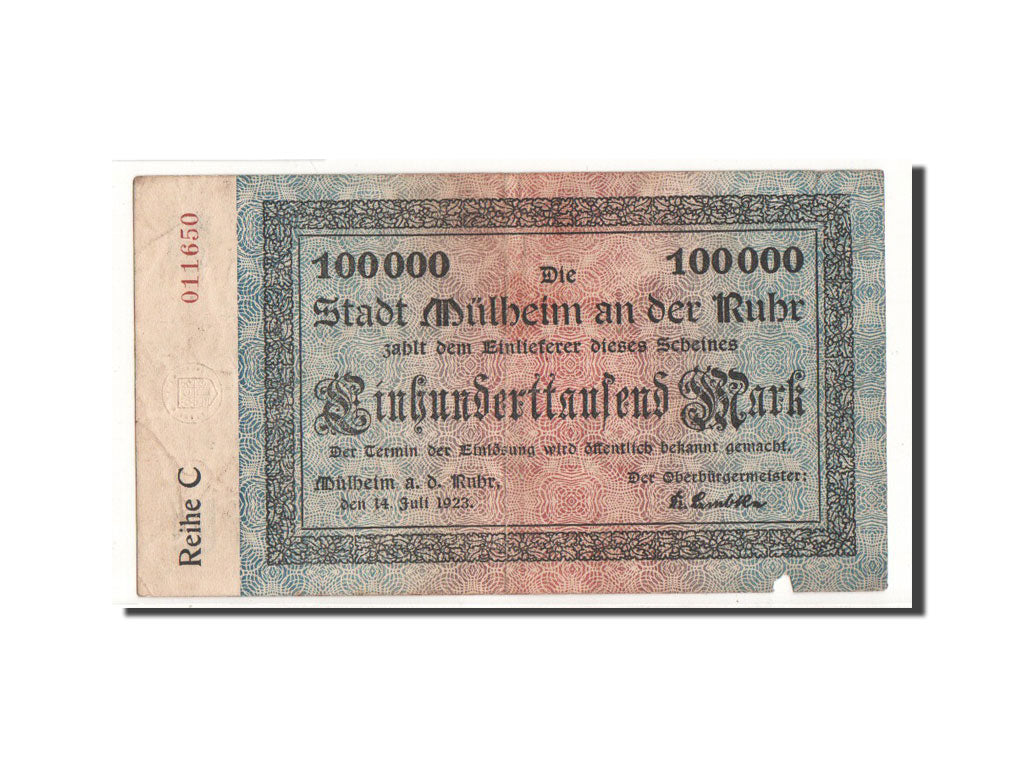 Banknote, Germany, Mülheim, 100 000 Mark, Ecusson, 1923, 1923-07-14, VF(30-35)