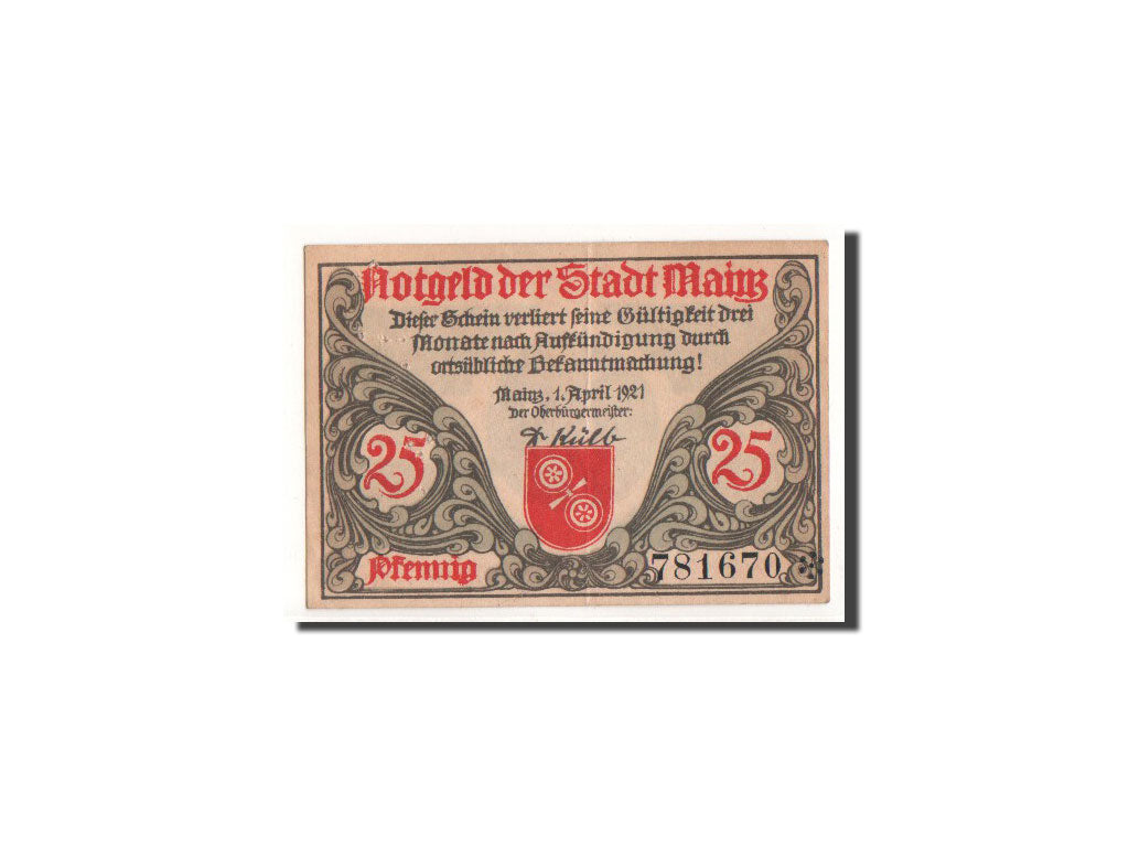 Geldschein, Deutschland, Mayence, 25 Pfennig, Ecusson, 1921, 1921-04-01, VZ