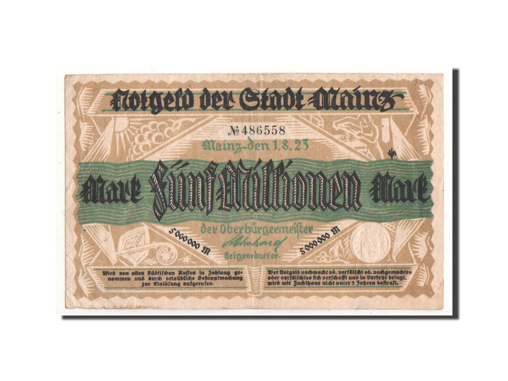 Banknote, Germany, Mayence, 5 Millionen Mark, dessin, 1923, 1923-08-01