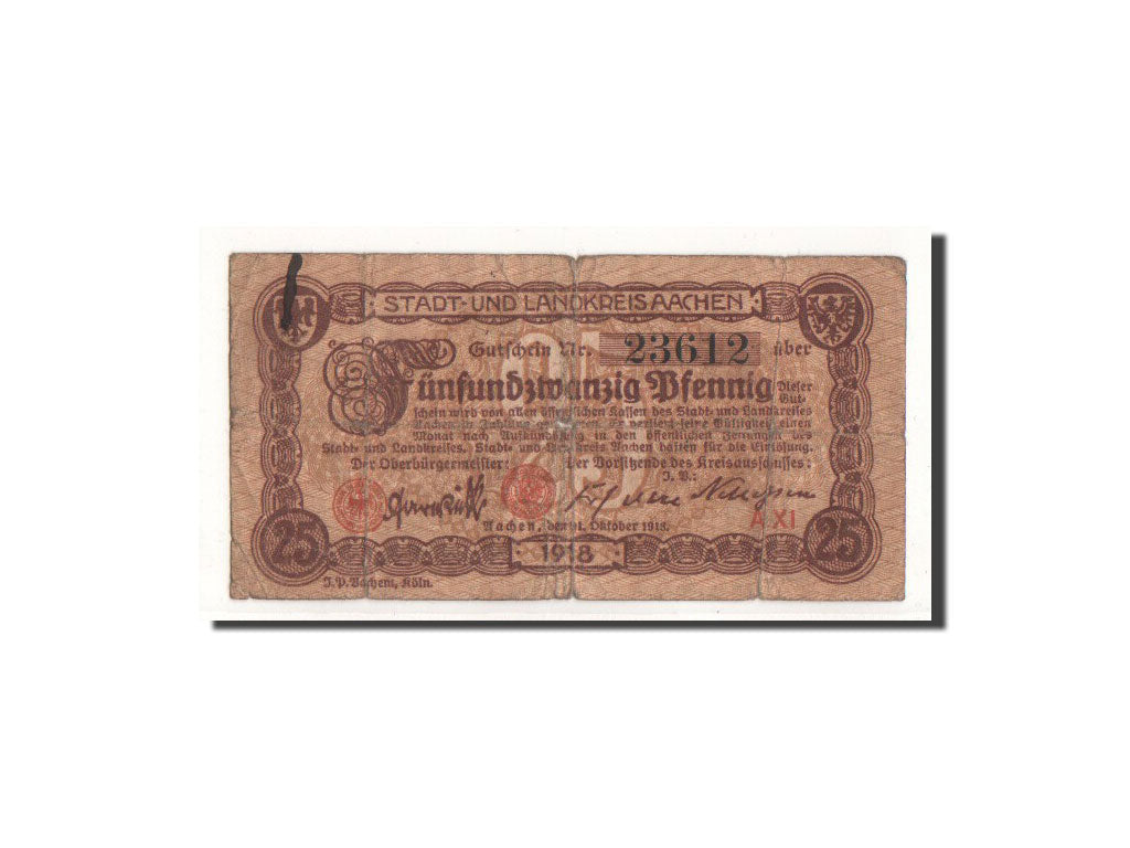 Banknot, Niemcy, Aachen, 25 Pfennig, Eglise, 1918, 1918-10-31, F(12-15)