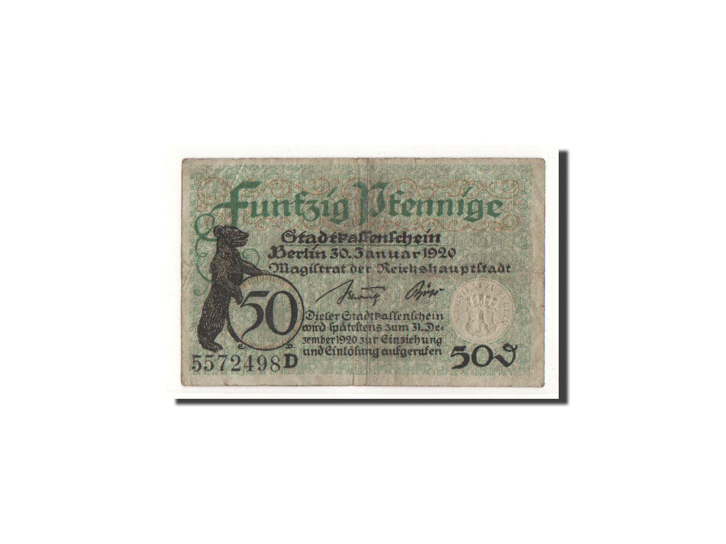 Geldschein, Deutschland, Berlin Stadt, 50 Pfennig, ours, 1920, 1920-12-31, S