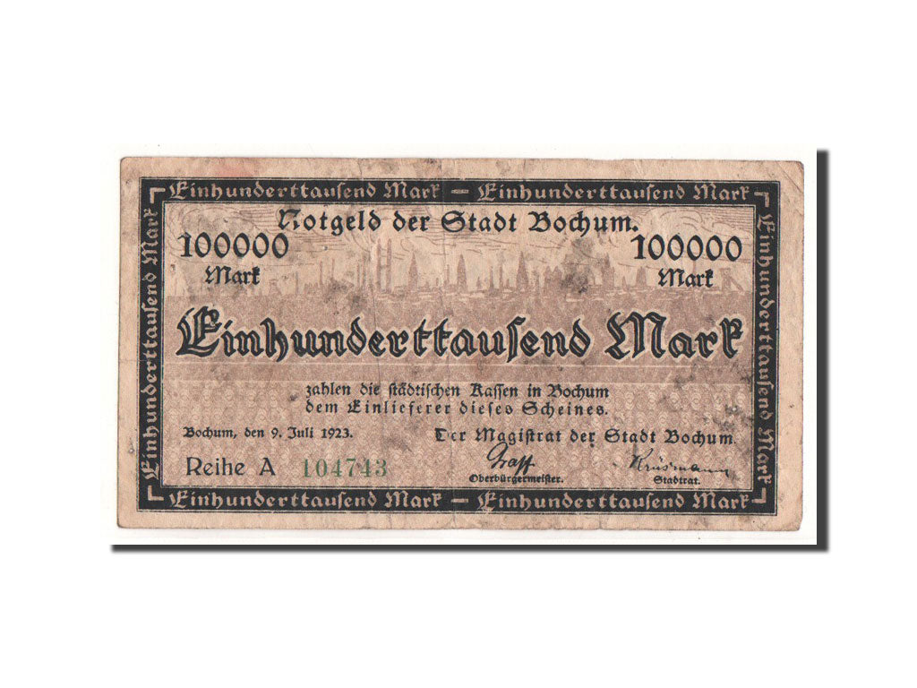 Billete, Alemania, Bochum, 100 000 Mark, Ecusson, 1923, 1923-07-09, BC