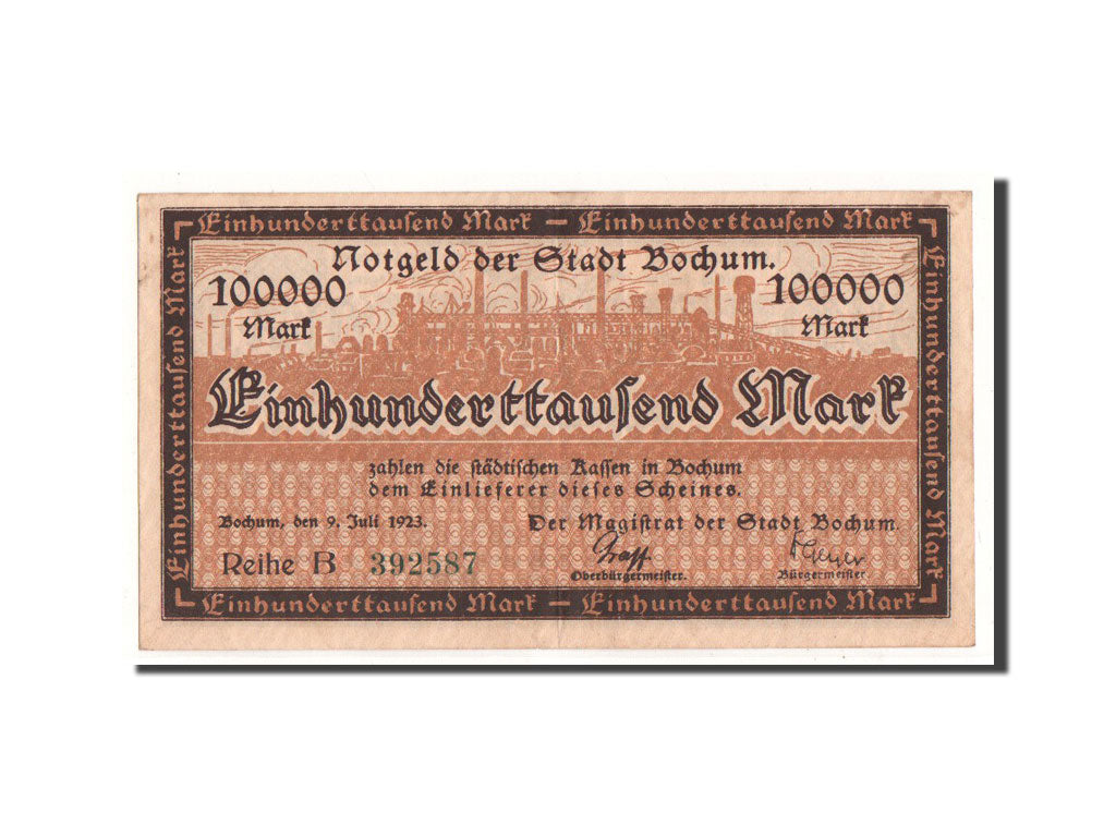 Banknot, Niemcy, Bochum, 100 000 Mark, Ecusson, 1923, 1923-07-09, EF(40-45)