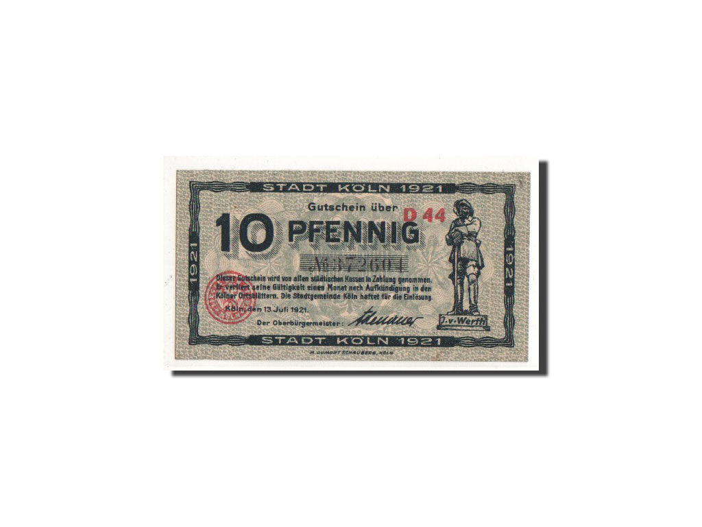 Banknot, Niemcy, Köln, 10 Pfennig, personnage, 1921, 1921-07-13, UNC(63)