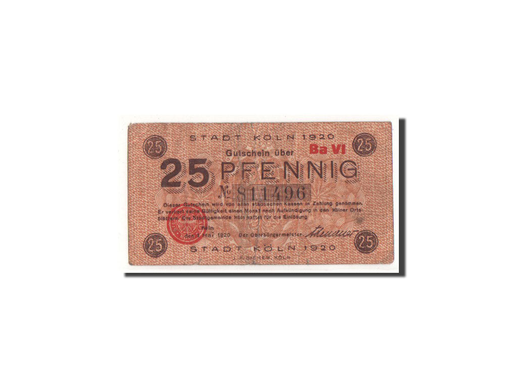 Billete, Alemania, Köln, 25 Pfennig, Eglise, 1920, 1920-05-01, BC