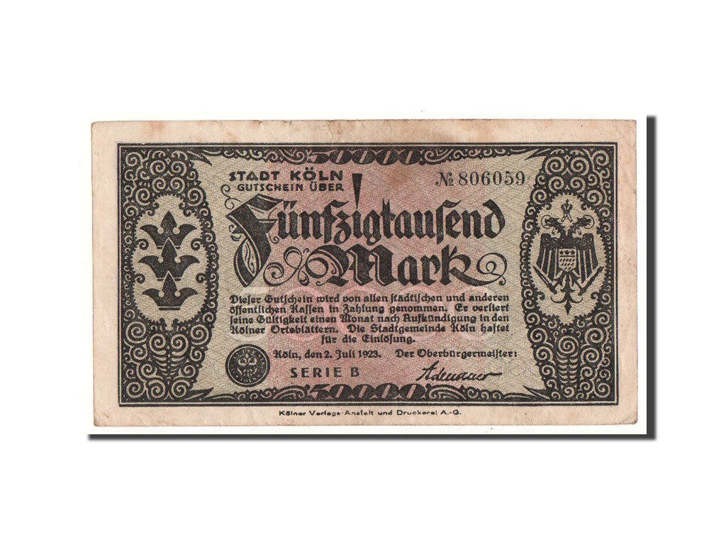 Banknote, Germany, Köln, 50 000 Mark, graphique, 1923, 1923-07-02, EF(40-45)