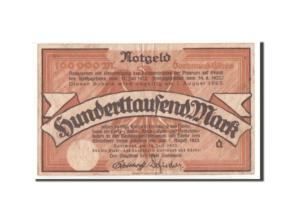 Billete, Alemania, Dortmund, 100 000 Mark, Ecusson, 1923, 1923-07-14, BC+