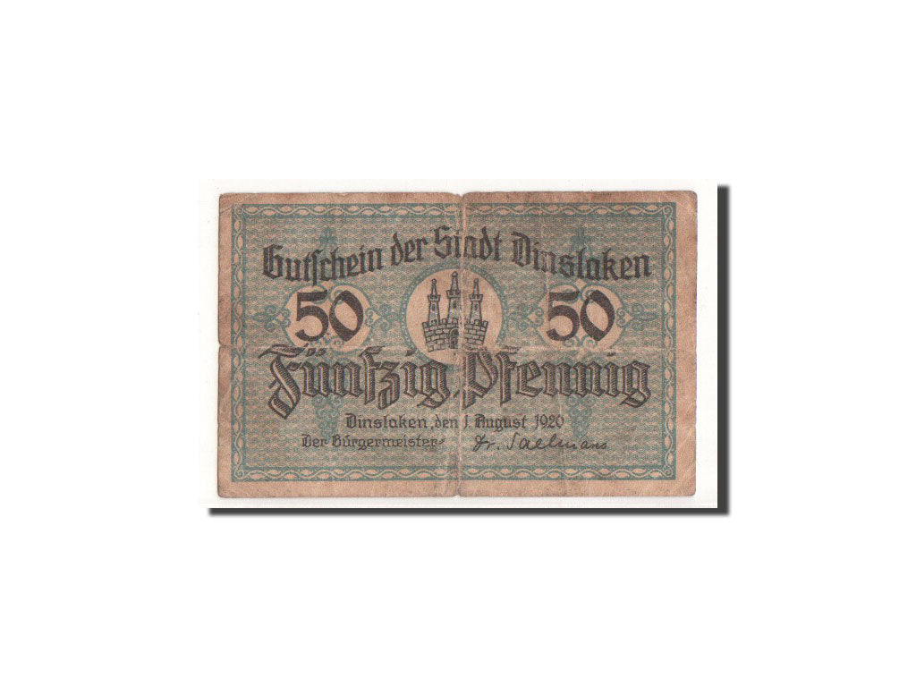 Billete, Alemania, Dinslaken, 50 Pfennig, personnage, 1920, 1920-08-01, RC+