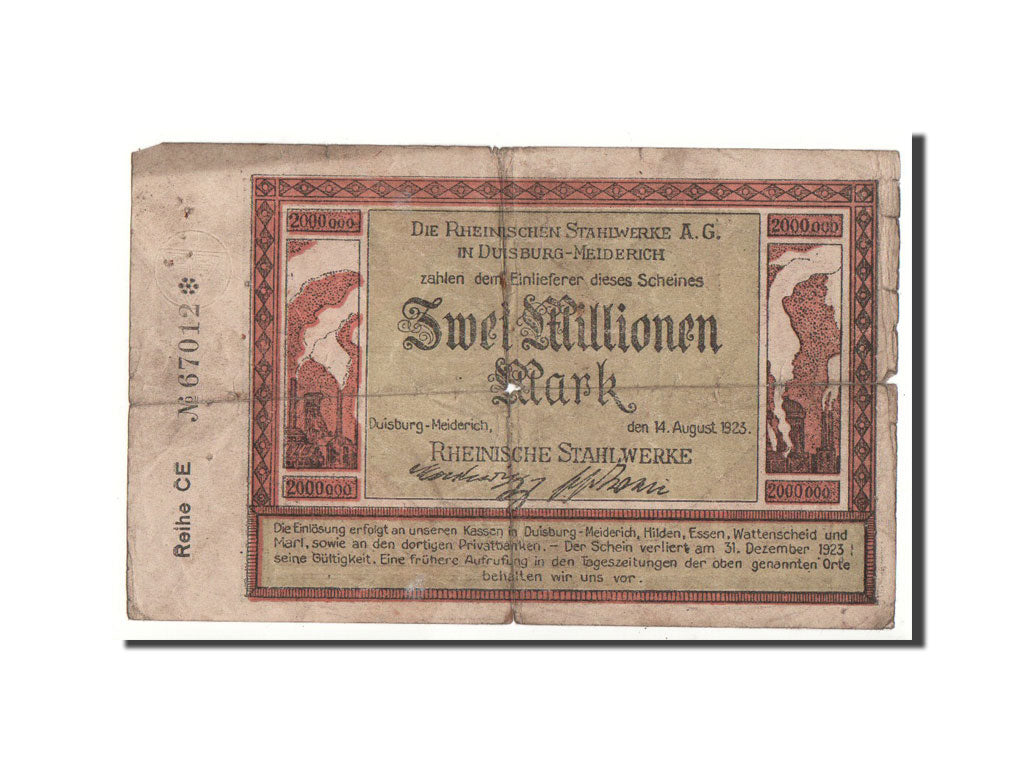 Banknote, Germany, Duisburg, 2 Millionen Mark, paysage, 1923, 1923-08-14