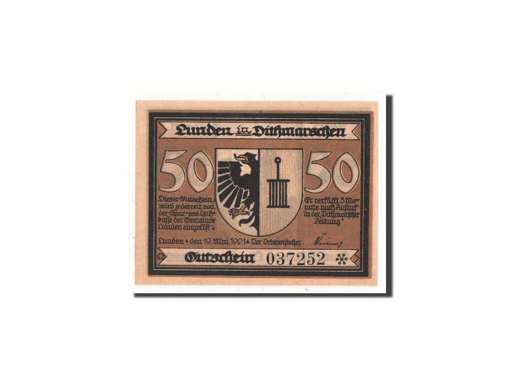 Banknot, Niemcy, Lunden, 50 Pfennig, Ecusson, 1921, 1921-05-19, UNC(65-70)