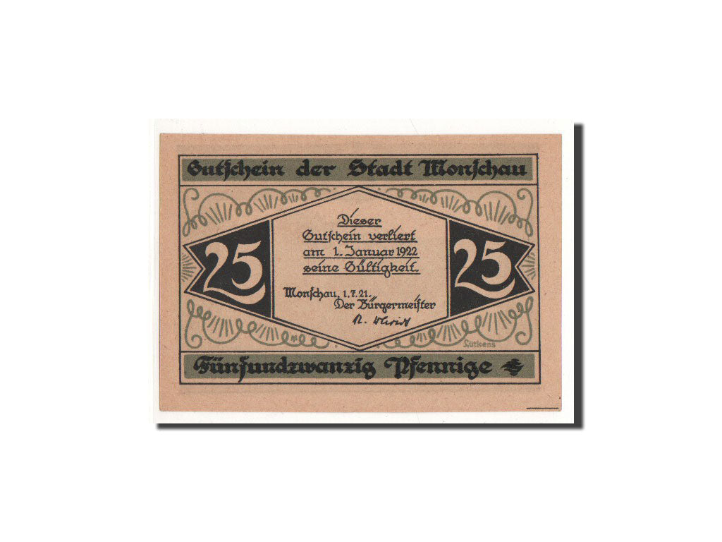 Billete, Alemania, Monschau, 25 Pfennig, paysage, 1921, 1921-07-01, UNC