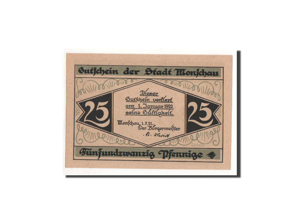 Billete, Alemania, Monschau, 25 Pfennig, Maison, 1921, 1921-07-01, UNC, Mehl:897