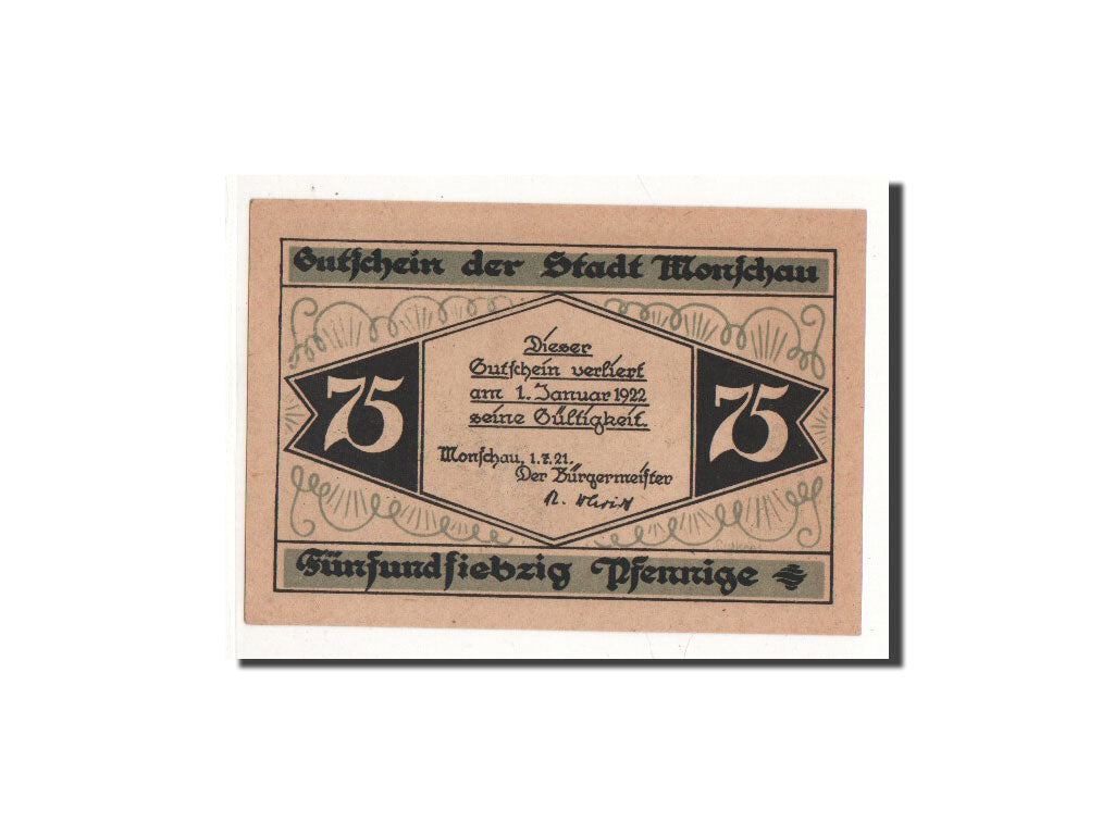 Billete, Alemania, Monschau, 75 Pfennig, paysage, 1921, 1921-07-01, UNC