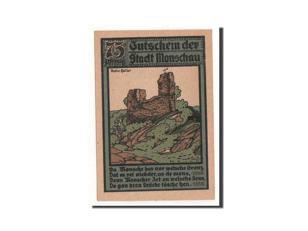Billete, Alemania, Monschau, 75 Pfennig, paysage, 1921, 1921-07-01, UNC