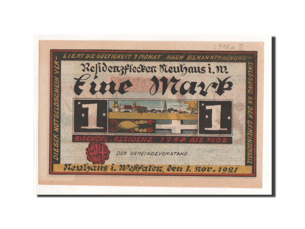 Banknote, Germany, Neuhaus, 1 Mark, cavalier, 1921, 1921-11-01, UNC(65-70)