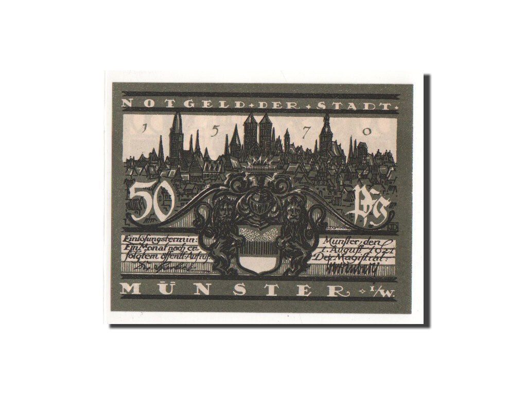Billete, Alemania, Munster, 50 Pfennig, statue, 1921, 1921-08-01, UNC