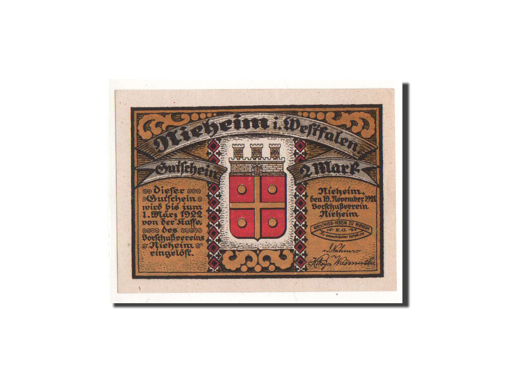 Banknote, Germany, Nieheim, 2 Mark, paysage, 1921, 1921-11-19, UNC(65-70)