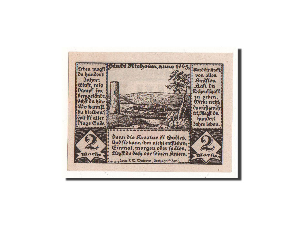 Banknote, Germany, Nieheim, 2 Mark, paysage, 1921, 1921-11-19, UNC(65-70)