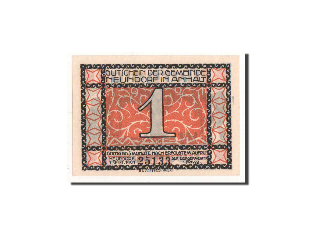 Banknote, Germany, Neundorf, 1 Mark, personnage, 1921, 1921-09-01, UNC(65-70)