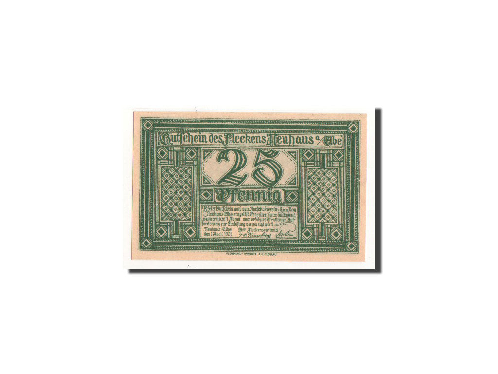 Billet, Allemagne, Neuhaus a.d Elbe, 25 Pfennig, paysage, 1921, 1921-04-01