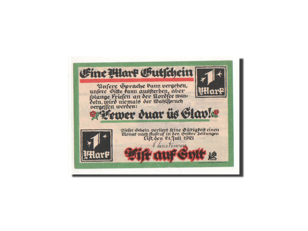Geldschein, Deutschland, List/Sylt, 1 Mark, bateau, 1921, 1921-07-21, UNZ