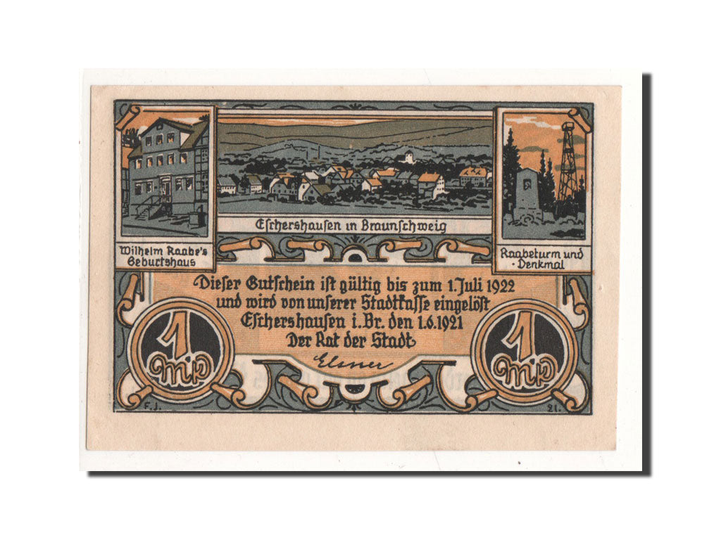 Geldschein, Deutschland, Eschershausen, 1 Mark, portrait, 1921, 1921-06-01, UNZ