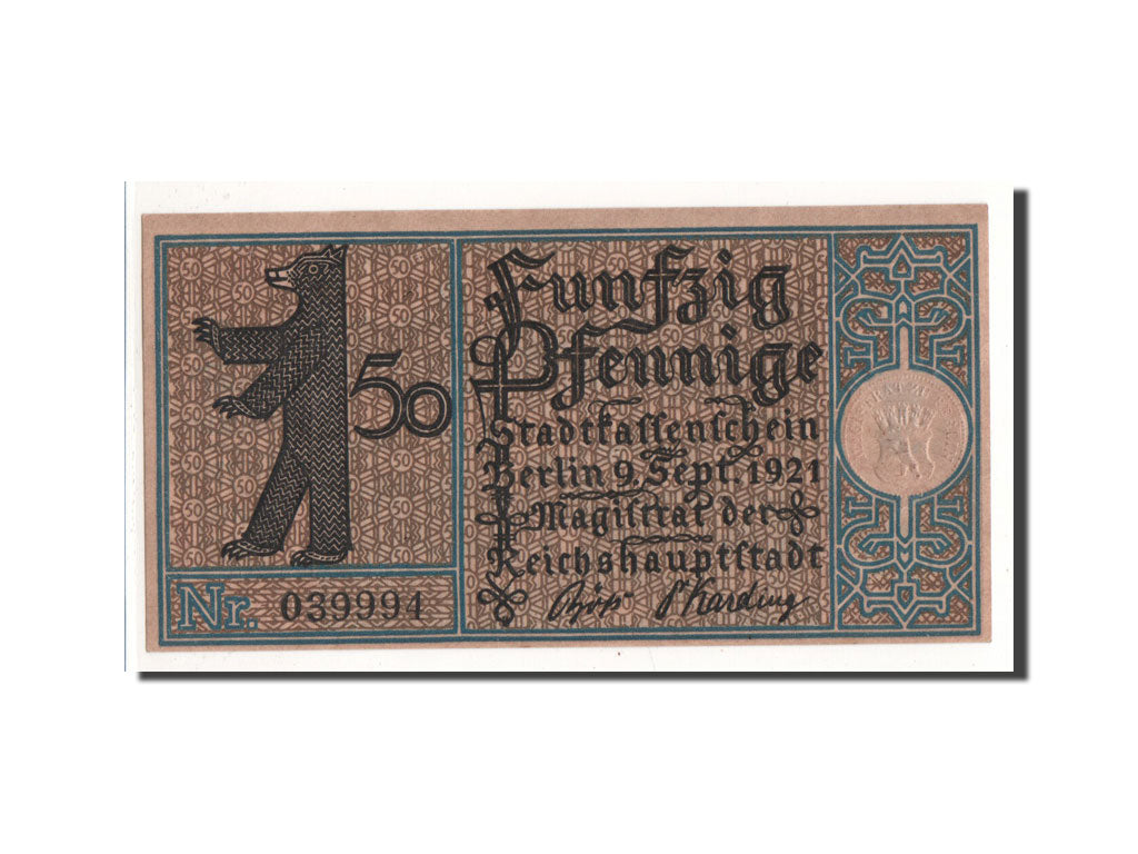 Banknot, Niemcy, Berlin Stadt, 50 Pfennig, embarcation, 1921, 1921-09-09