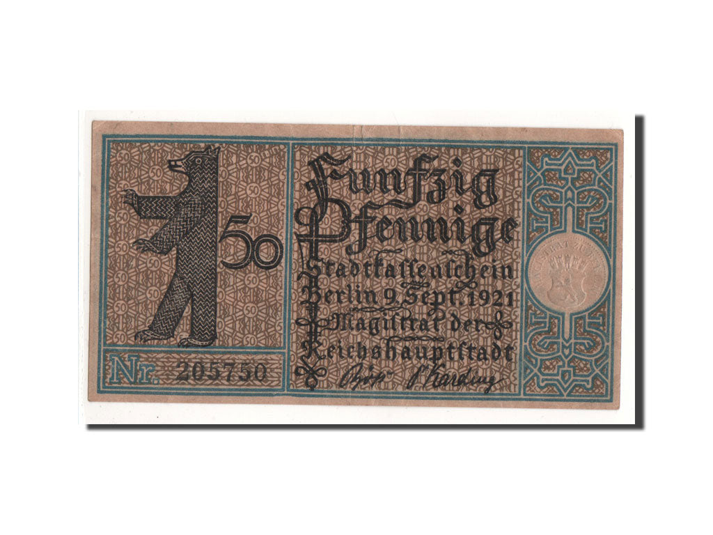 Billet, Allemagne, Berlin Stadt, 50 Pfennig, embarcation 1, 1921, 1921-09-09