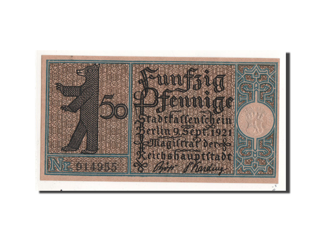 Banknot, Niemcy, Berlin Stadt, 50 Pfennig, paysage, 1921, 1921-09-09