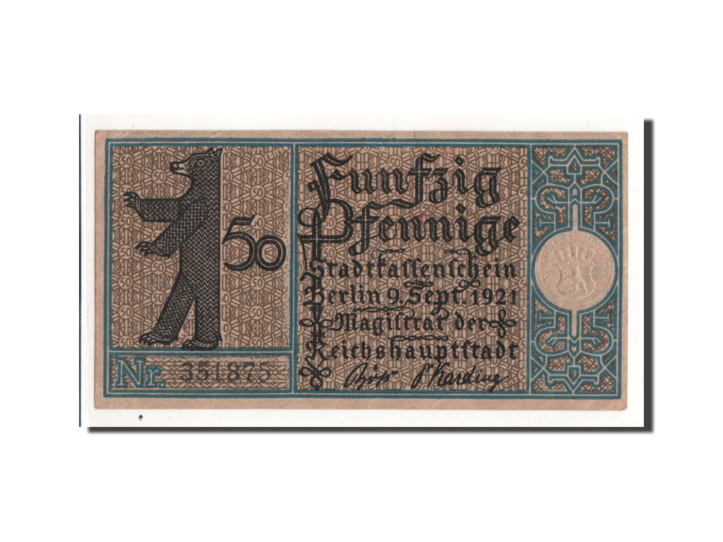 Banconote, Germania, Berlin Stadt, 50 Pfennig, ferme 2, 1921, 1921-09-09, FDS
