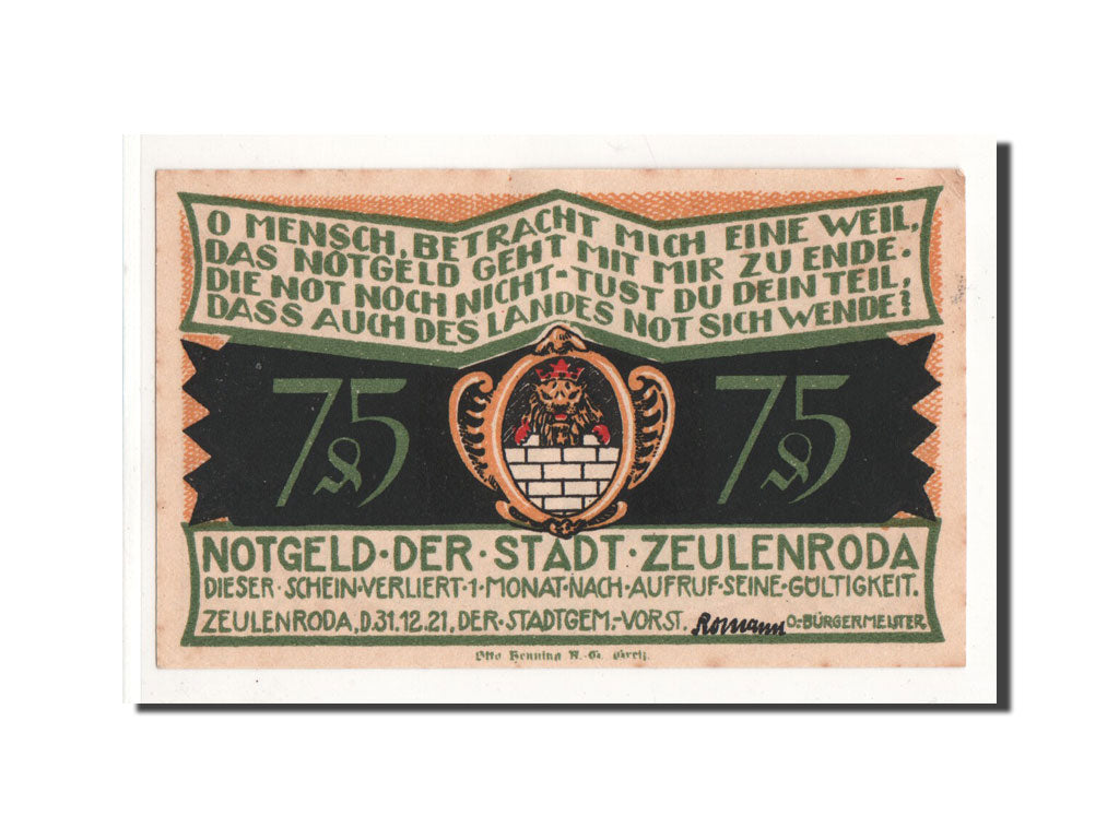 Biljet, Duitsland, Zeulenroda, 75 Pfennig, révolte, 1921, 1921-11-01, NIEUW