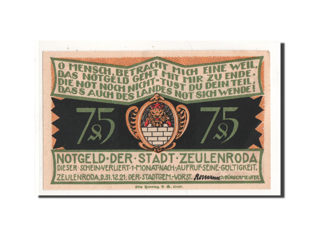 Biljet, Duitsland, Zeulenroda, 75 Pfennig, enfants, 1921, 1921-11-01, NIEUW