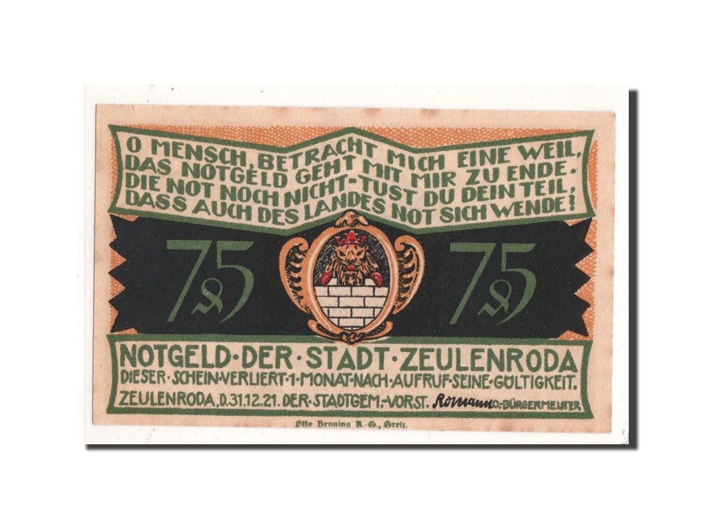 Billet, Allemagne, Zeulenroda, 75 Pfennig, soldat, 1921, 1921-11-01, NEUF